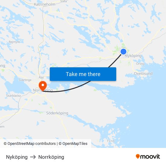 Nyköping to Norrköping map