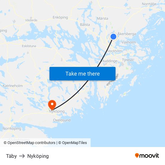 Täby to Nyköping map