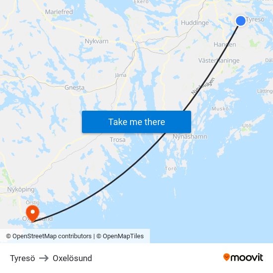 Tyresö to Oxelösund map