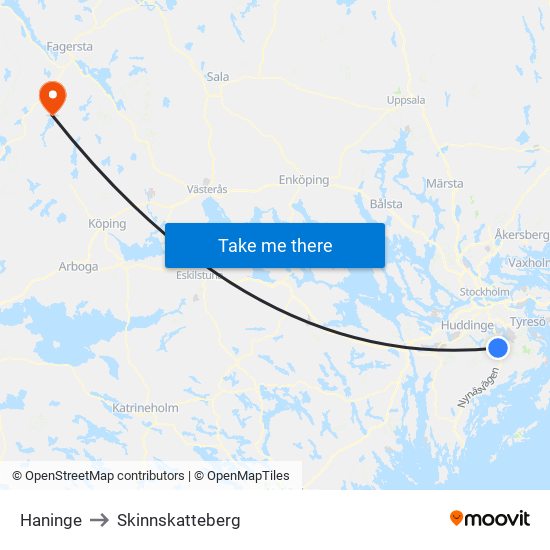 Haninge to Skinnskatteberg map