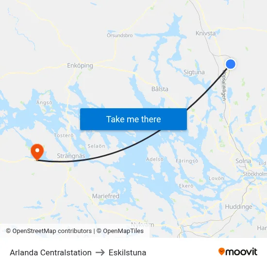 Arlanda Centralstation to Eskilstuna map