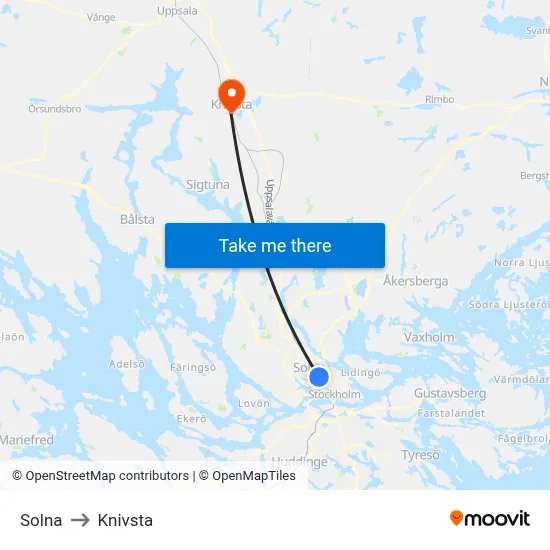 Solna to Knivsta map