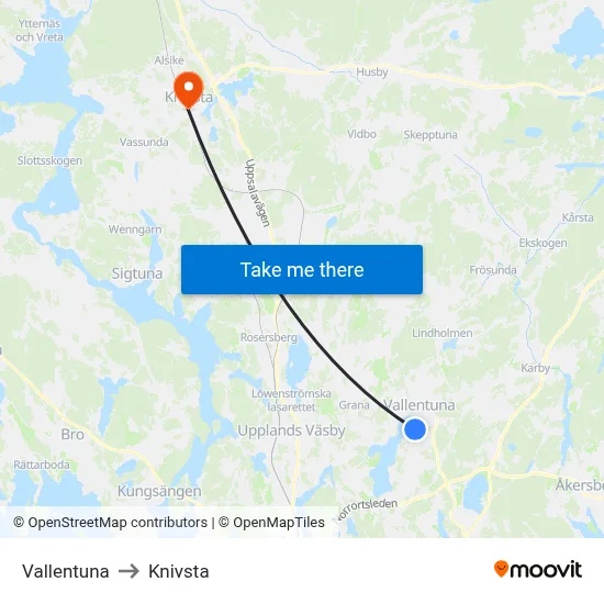 Vallentuna to Knivsta map