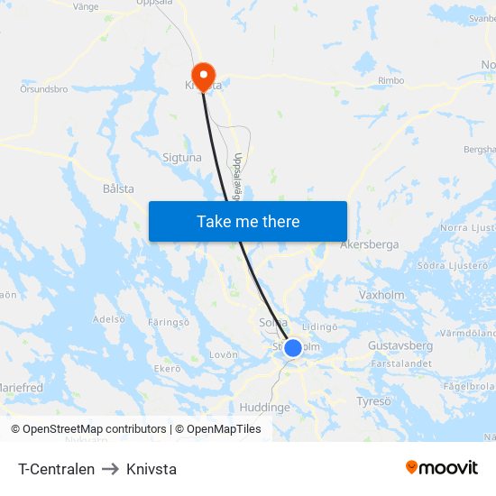 T-Centralen to Knivsta map