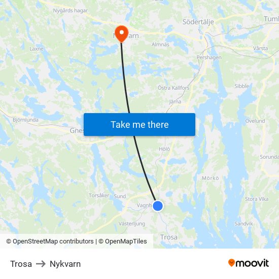 Trosa to Nykvarn map
