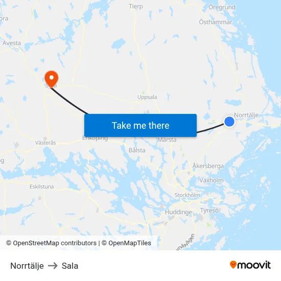 Norrtälje to Sala map
