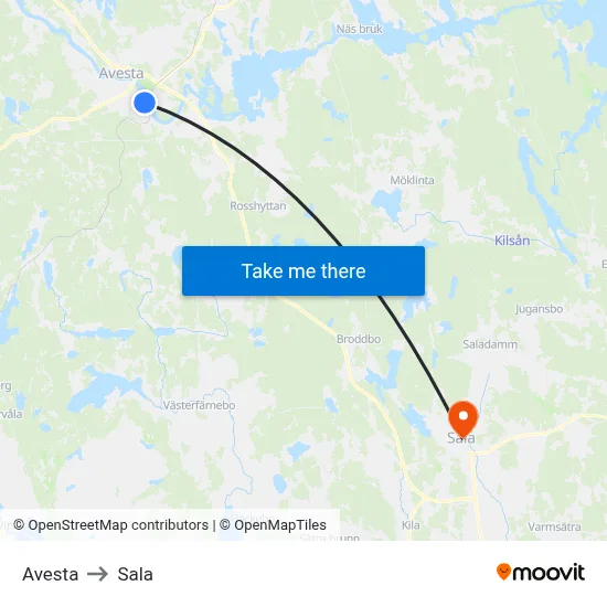 Avesta to Sala map