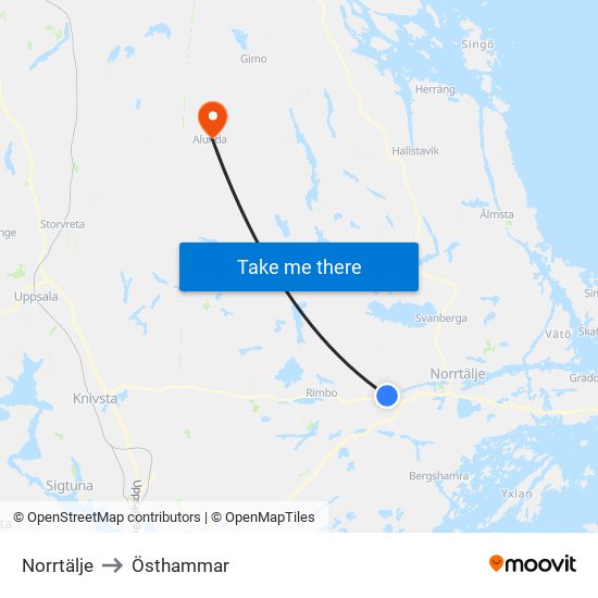 Norrtälje to Östhammar map