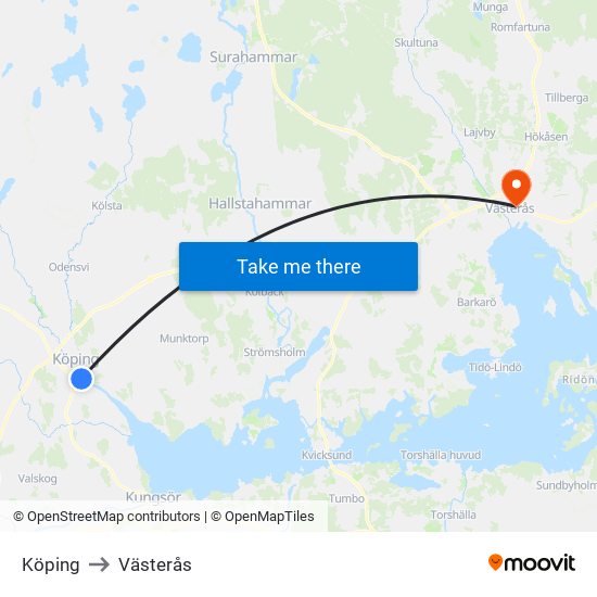 Köping to Västerås map