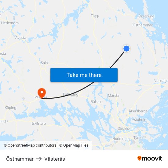 Östhammar to Västerås map