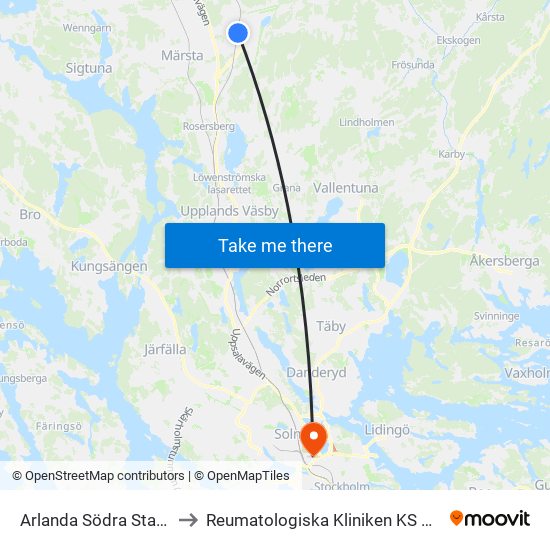 Arlanda Södra Station to Reumatologiska Kliniken KS Solna map