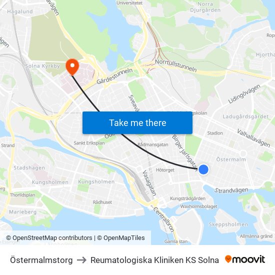 Östermalmstorg to Reumatologiska Kliniken KS Solna map