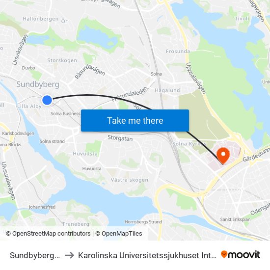 Sundbyberg Station to Karolinska Universitetssjukhuset Intensivakuten Solna map