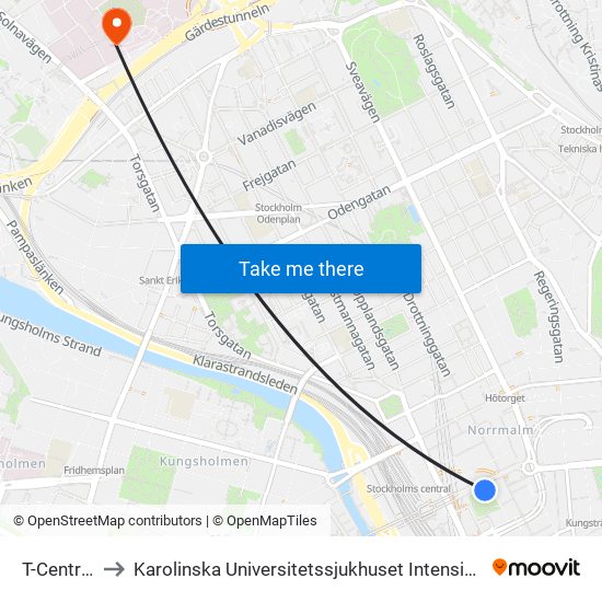 T-Centralen to Karolinska Universitetssjukhuset Intensivakuten Solna map