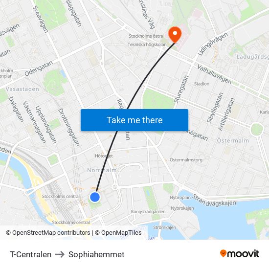T-Centralen to Sophiahemmet map