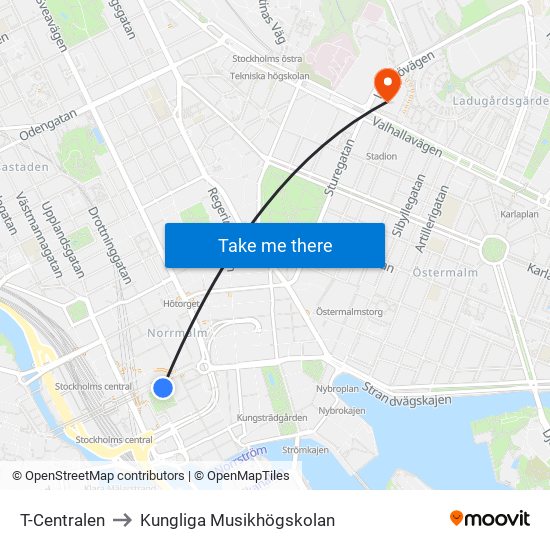 T-Centralen to Kungliga Musikhögskolan map