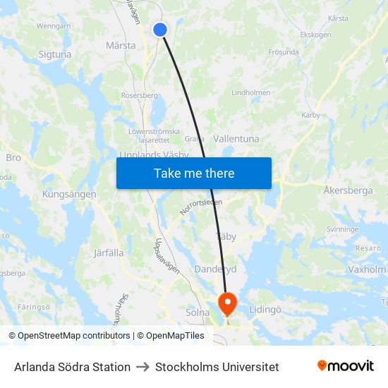 Arlanda Södra Station to Stockholms Universitet map