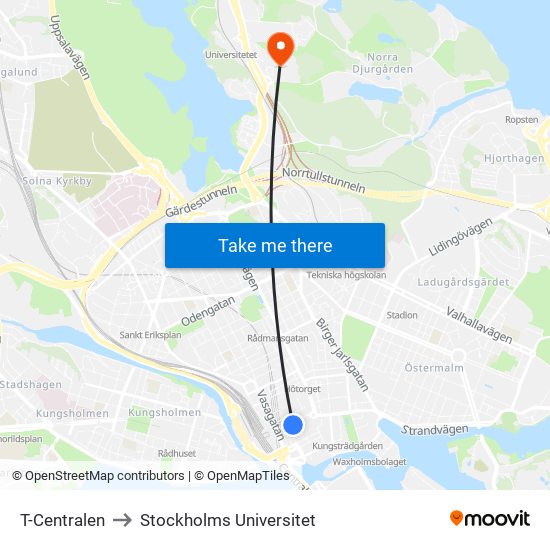 T-Centralen to Stockholms Universitet map
