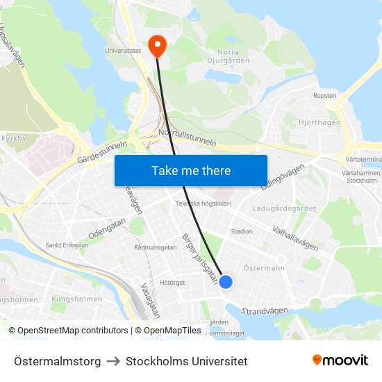 Östermalmstorg to Stockholms Universitet map