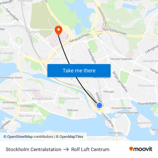 Stockholm Centralstation to Rolf Luft Centrum map