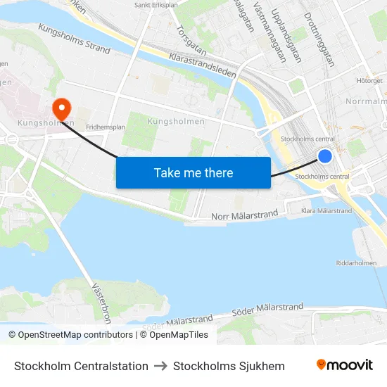 Stockholm Centralstation to Stockholms Sjukhem map
