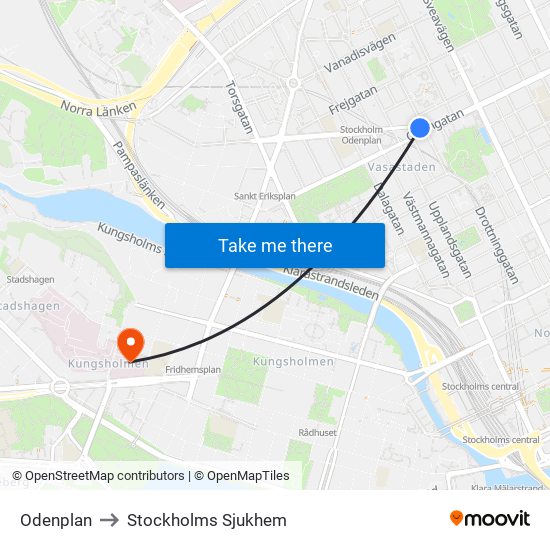 Odenplan to Stockholms Sjukhem map