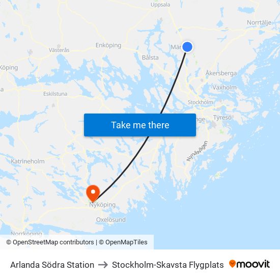 Arlanda Södra Station to Stockholm-Skavsta Flygplats map