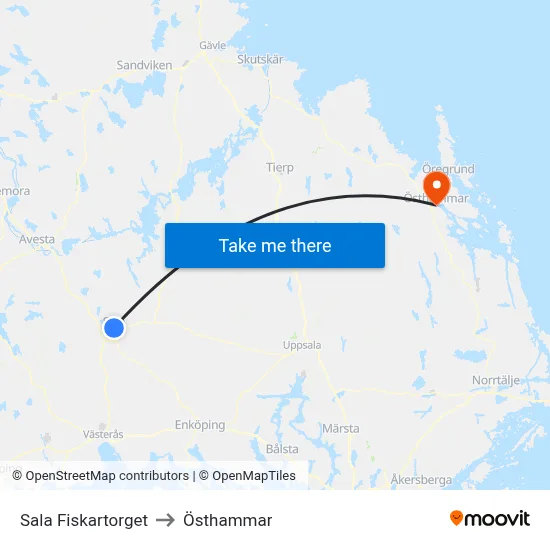 Sala Fiskartorget to Östhammar map