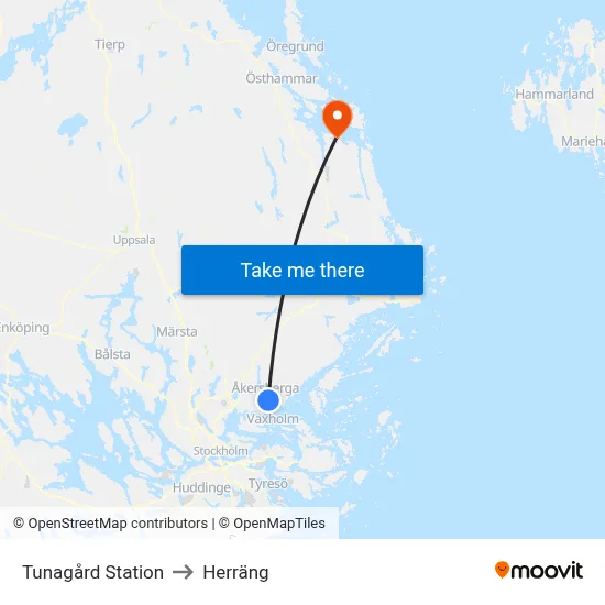 Tunagård Station to Herräng map