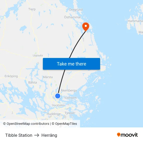 Tibble Station to Herräng map