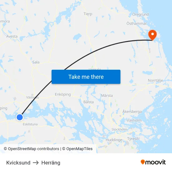 Kvicksund to Herräng map
