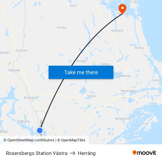 Rosersbergs Station Västra to Herräng map