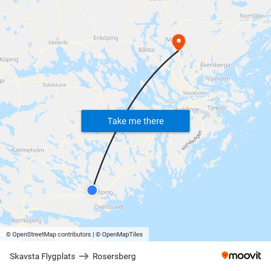 Skavsta Flygplats to Rosersberg map