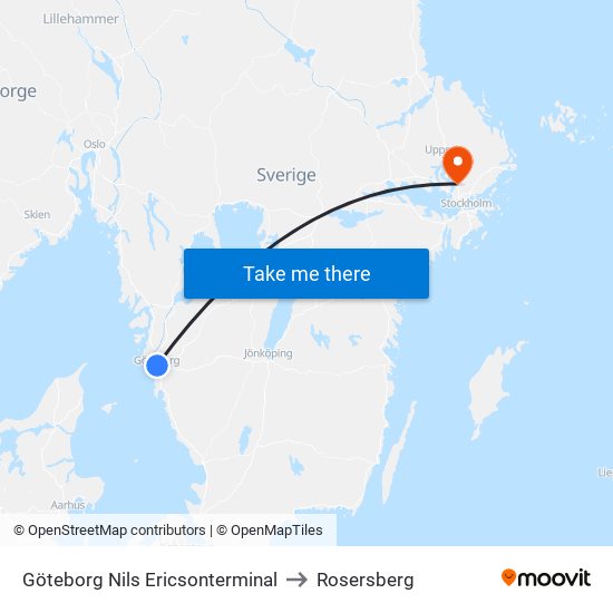 Göteborg Nils Ericsonterminal to Rosersberg map