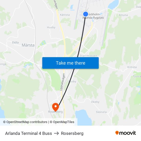 Arlanda Terminal 4 Buss to Rosersberg map