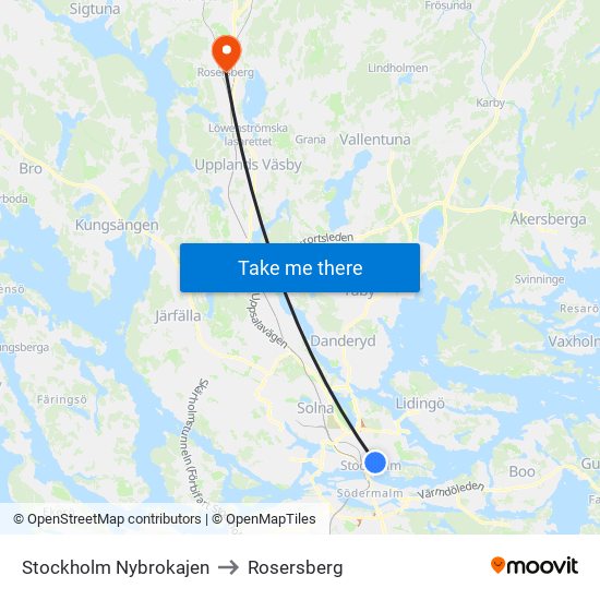 Stockholm Nybrokajen to Rosersberg map