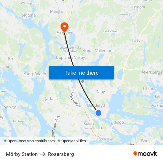 Mörby Station to Rosersberg map