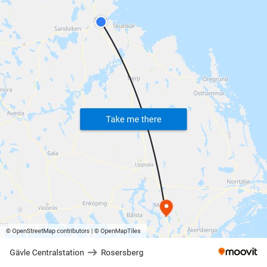 Gävle Centralstation to Rosersberg map