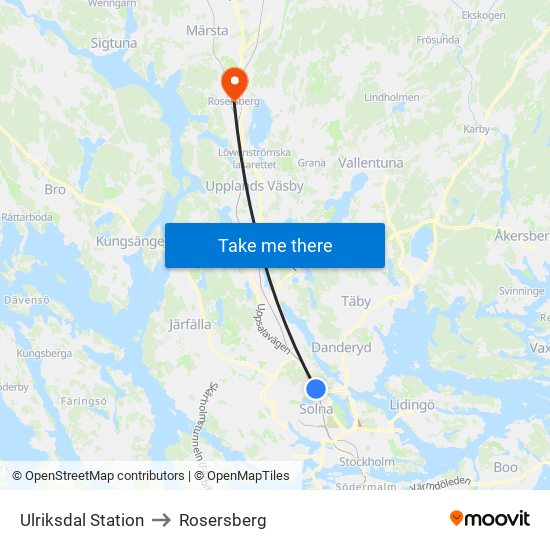 Ulriksdal Station to Rosersberg map