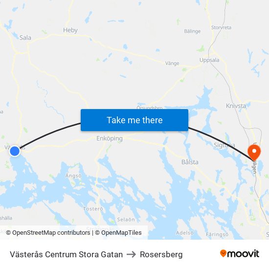 Västerås Centrum Stora Gatan to Rosersberg map