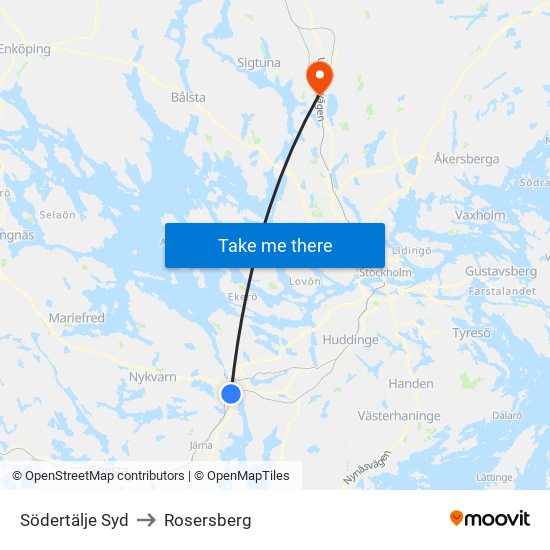 Södertälje Syd to Rosersberg map