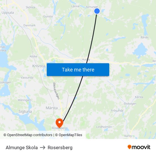 Almunge Skola to Rosersberg map