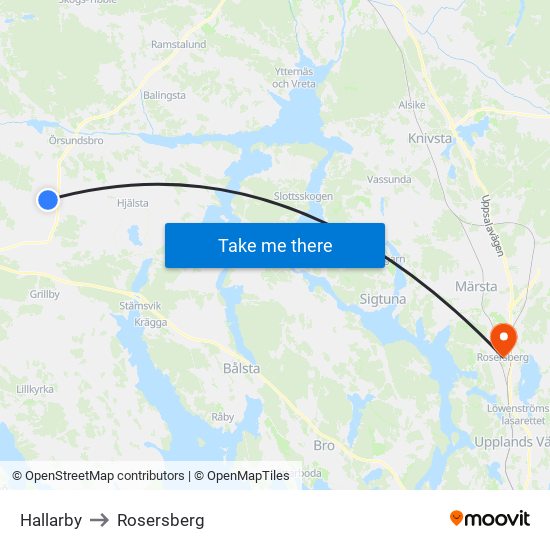 Hallarby to Rosersberg map