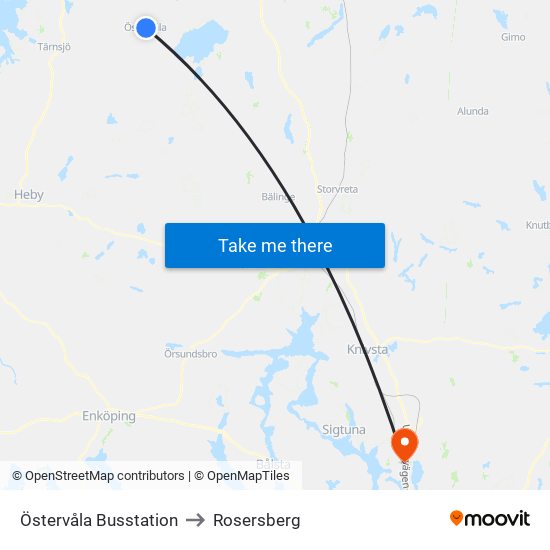 Östervåla Busstation to Rosersberg map