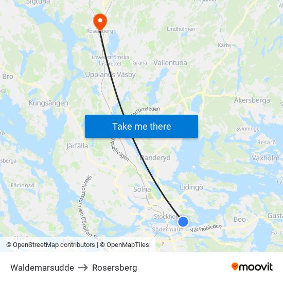 Waldemarsudde to Rosersberg map