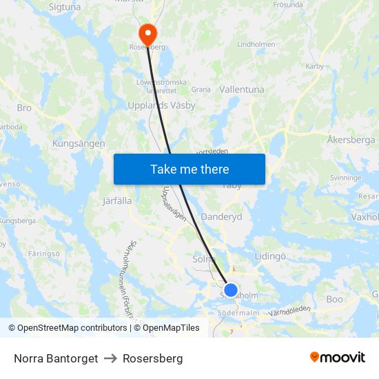 Norra Bantorget to Rosersberg map