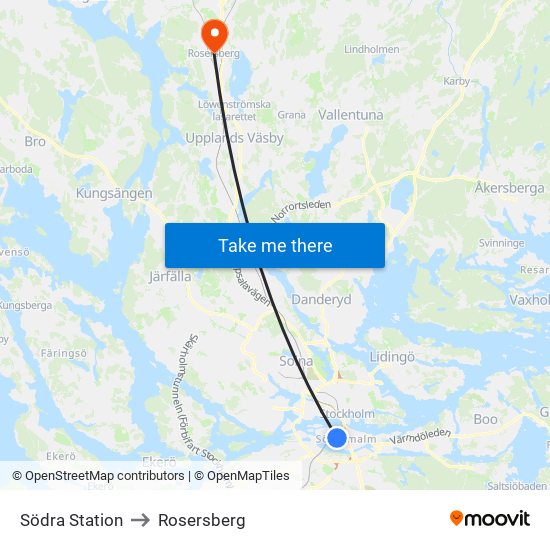 Södra Station to Rosersberg map