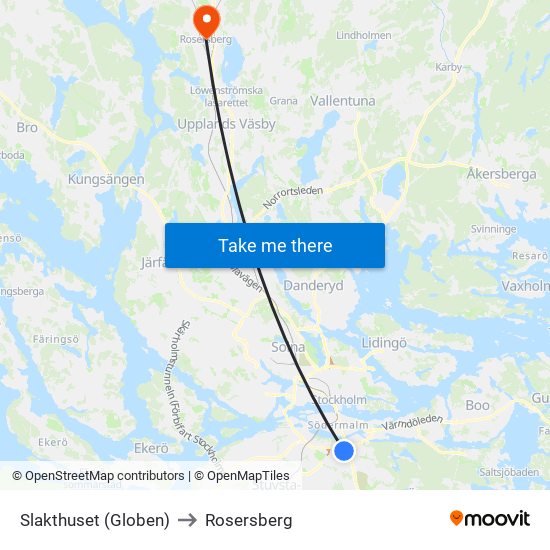 Slakthuset (Globen) to Rosersberg map