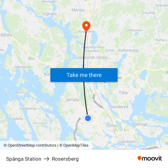 Spånga Station to Rosersberg map