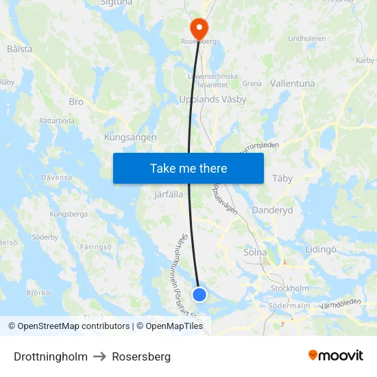 Drottningholm to Rosersberg map